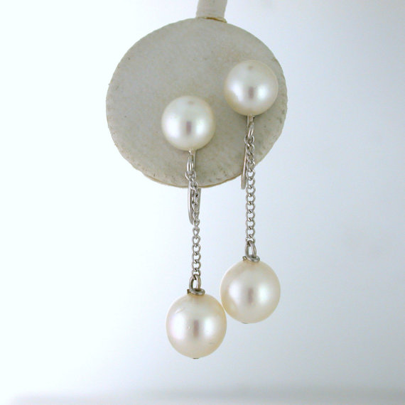 Double Pearl Dangle Earrings - Non-Pierced Screw Back Earrings. 14k yellow gold